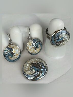 Bronze Micro Mosaic Mother of Pearl Ocean Wave Surf Rhodium-Plated Parure